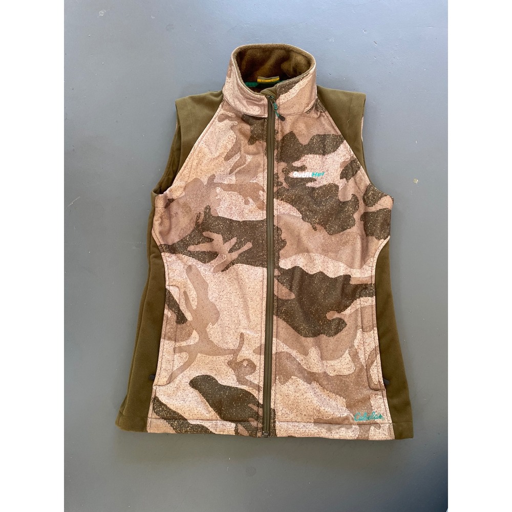 Cabelas OutfitHER Camo Fleece Lined Hunting Vest Brown Olive Green Small